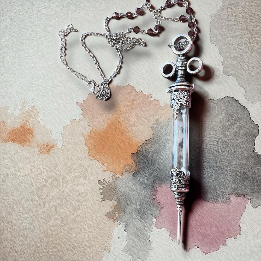 Ornate Silver Toned Medieval Syringe Pendant Necklace Apothecary Witch Cosplay
